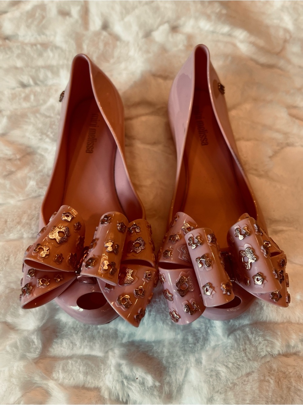 Mini Melissa Pink Jelly Bow Flats with Rose Gold Studs